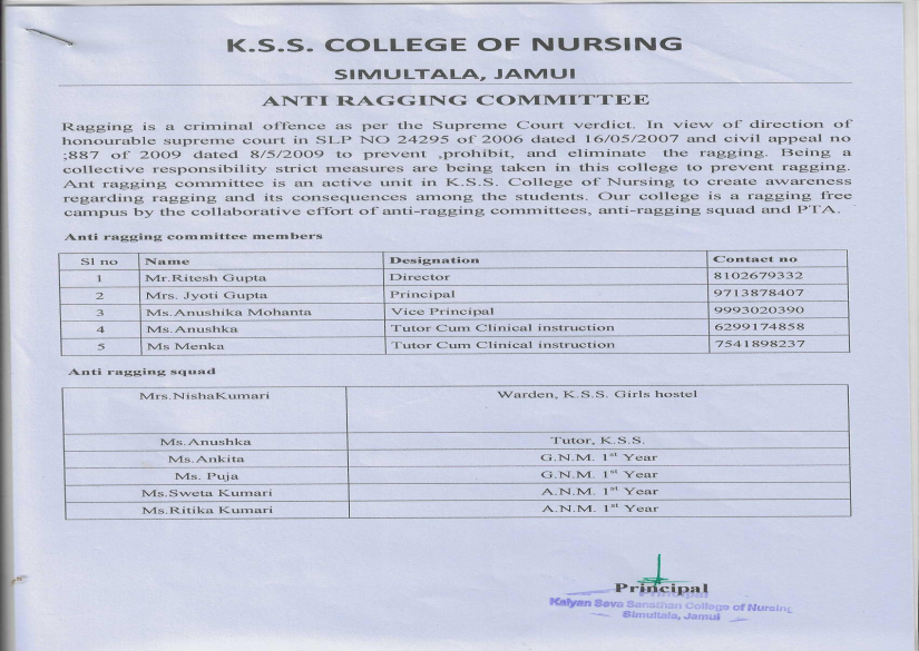 Anti Ragging Committee Structure Kalyan Seva Sansthan (KSS) College of Nursing